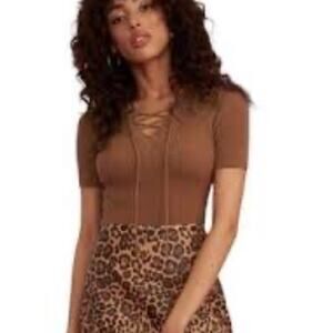 Others Follow Suede Brown Lace-Up Bodysuit Top